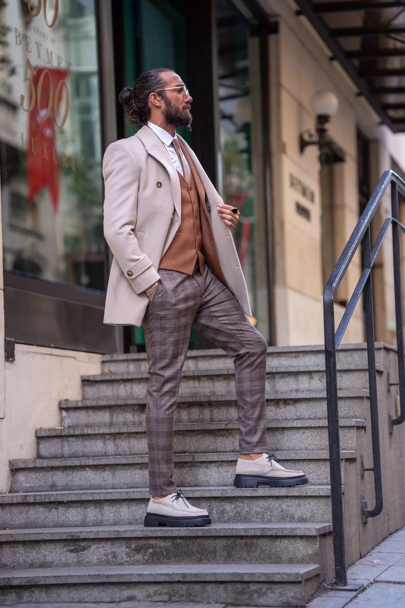 Brabion Beige Slim Fit Long Coat - BRABION