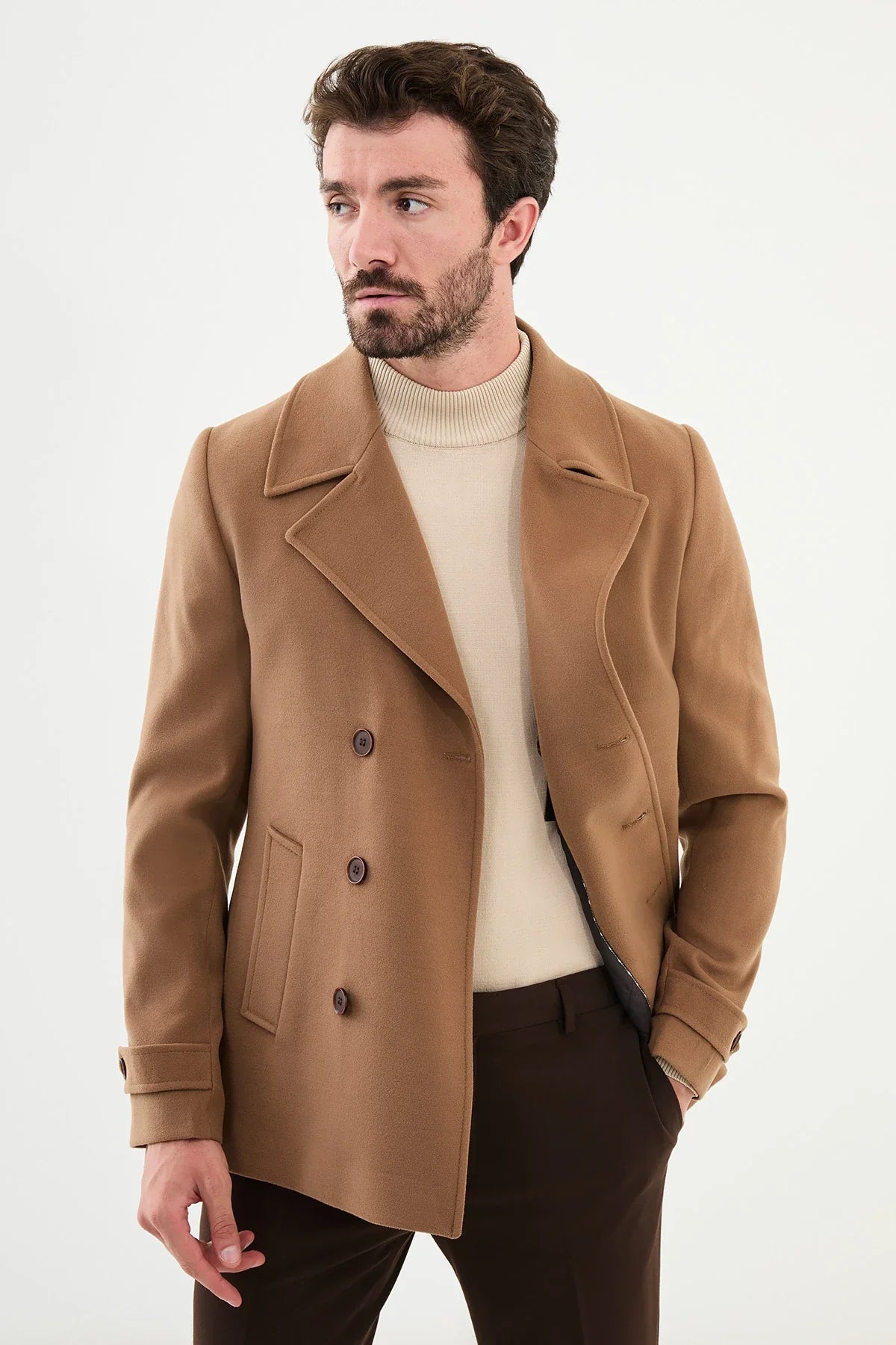 Bojoni Capena Plain Slim Fit Wool Beige Coat