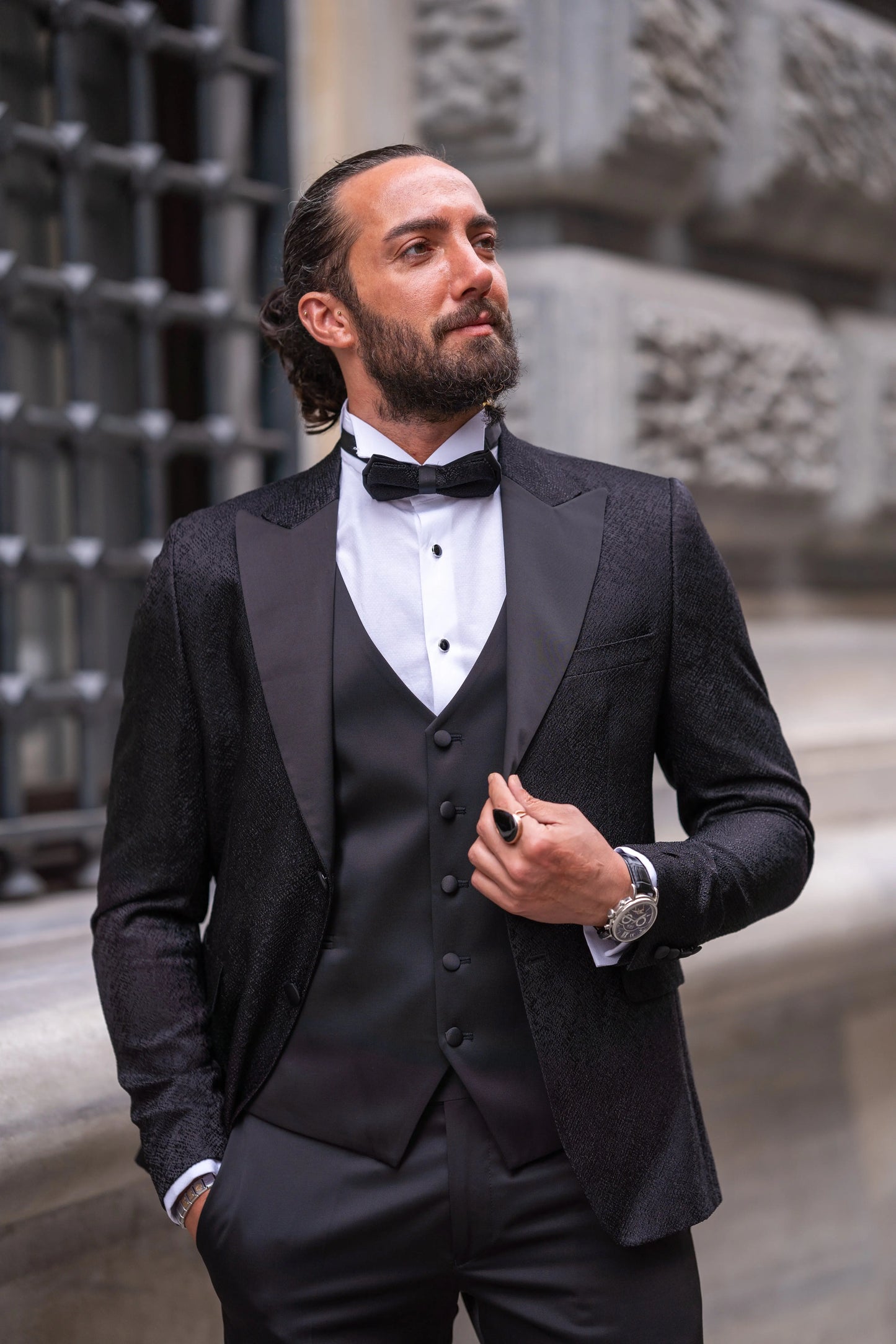 Brabion Massimo Black Slim Fit Peak Lapel Patterned Tuxedo - BRABION