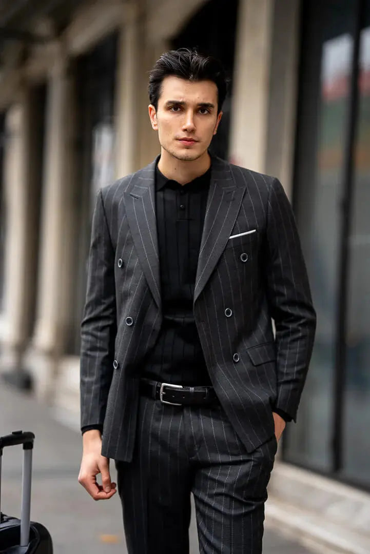 Brabion Black Double-Breasted Suit with Pinstripes brabion