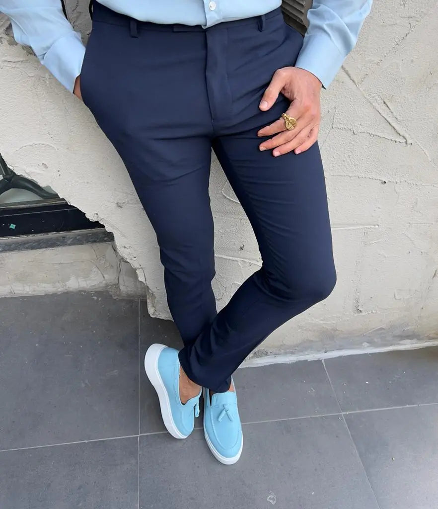 Lyon Navy Blue Slim Fit Pants - Versatile Comfort for Every Occasion - BRABION