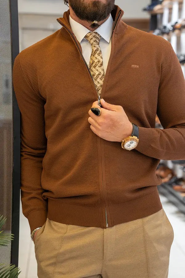 Brabion Lance Rust Brown Slim Fit Zipper Cardigan - BRABION