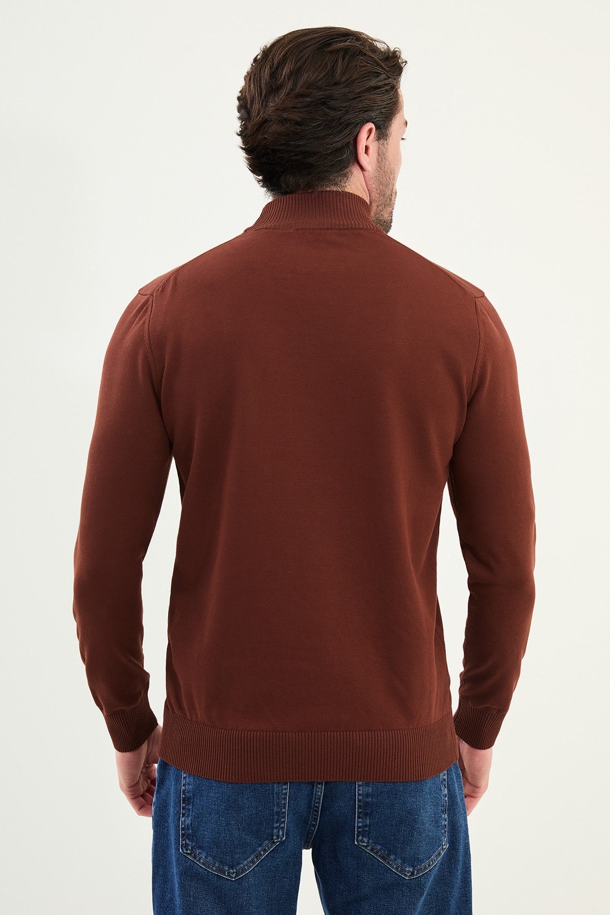 Men’s Tile Brown Knit Half-Turtleneck Pullover – Slim Fit - BRABION