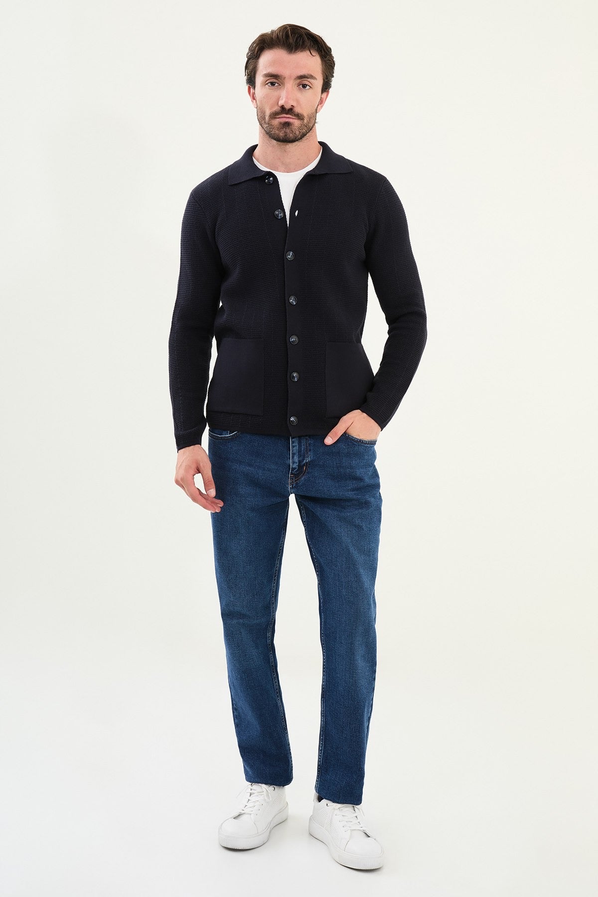 Men's Slim-Fit Button-Up Knit Cardigan – Navy Blue - BRABION