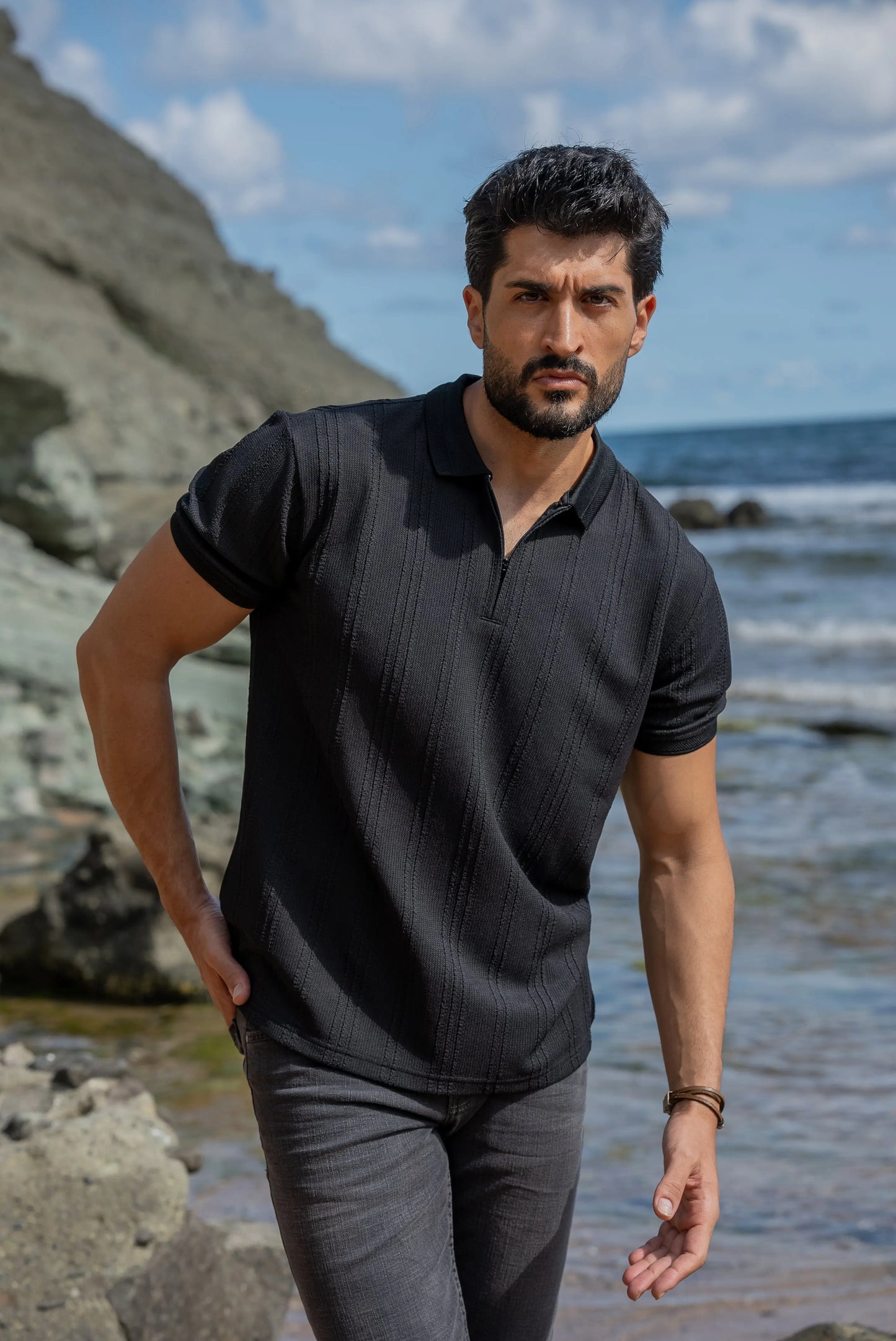 Monaco Men's Black Polo Collar T-Shirt - BRABION