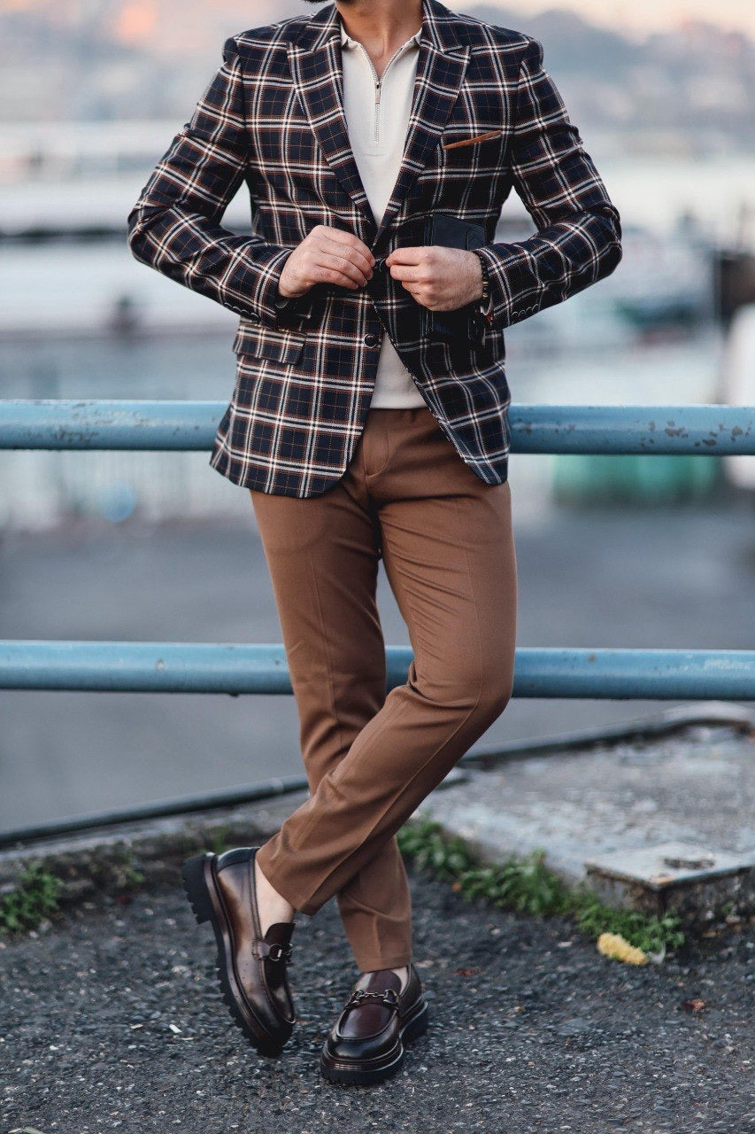 Men’s Dark Blue Plaid Slim-Fit Jacket - BRABION