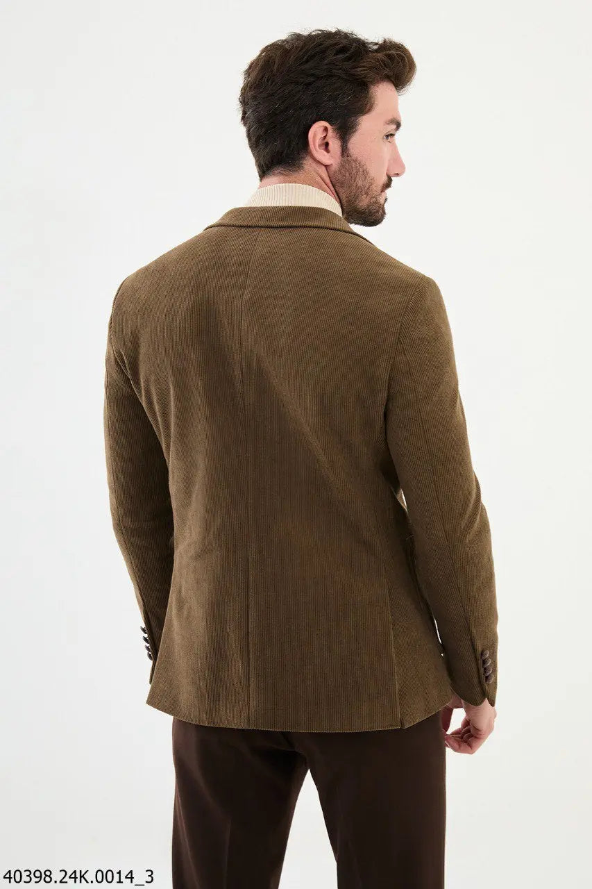Brabion James Camel Slim Fit Notch Lapel Striped Velvet Blazer - BRABION