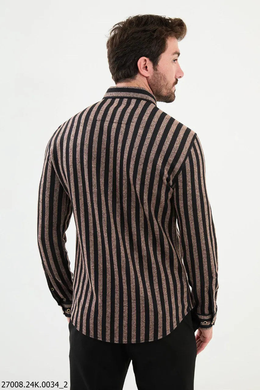 Brabion Nico Beige Black Slim Fit Striped Shirt - BRABION