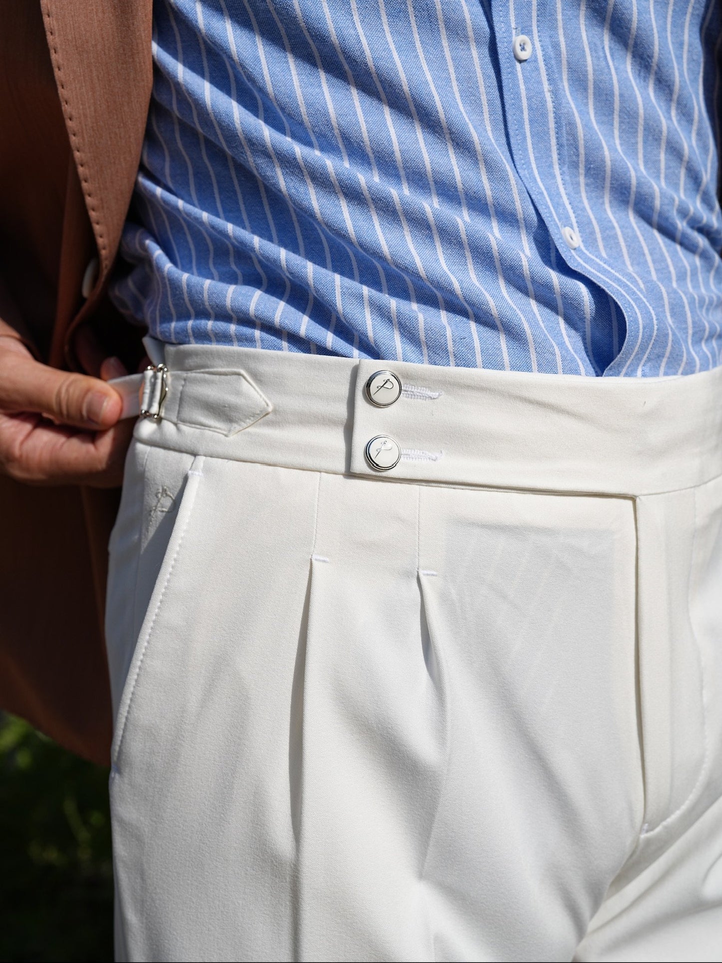 White High Waist Pleated Buckle Pants - Regular Fit - BRABION