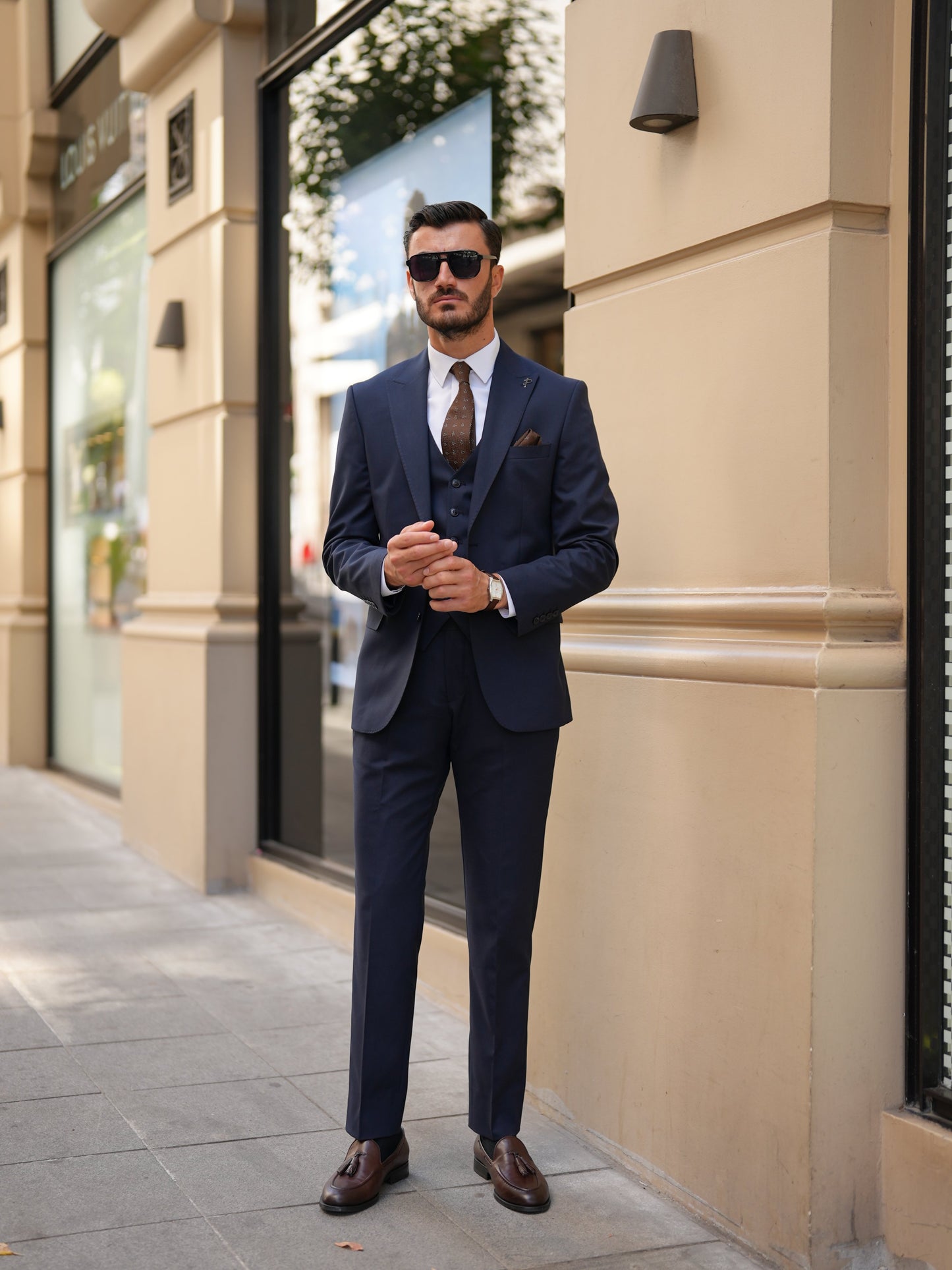 Navy Blue 3-Piece Slim Fit Italian Suit - BRABION