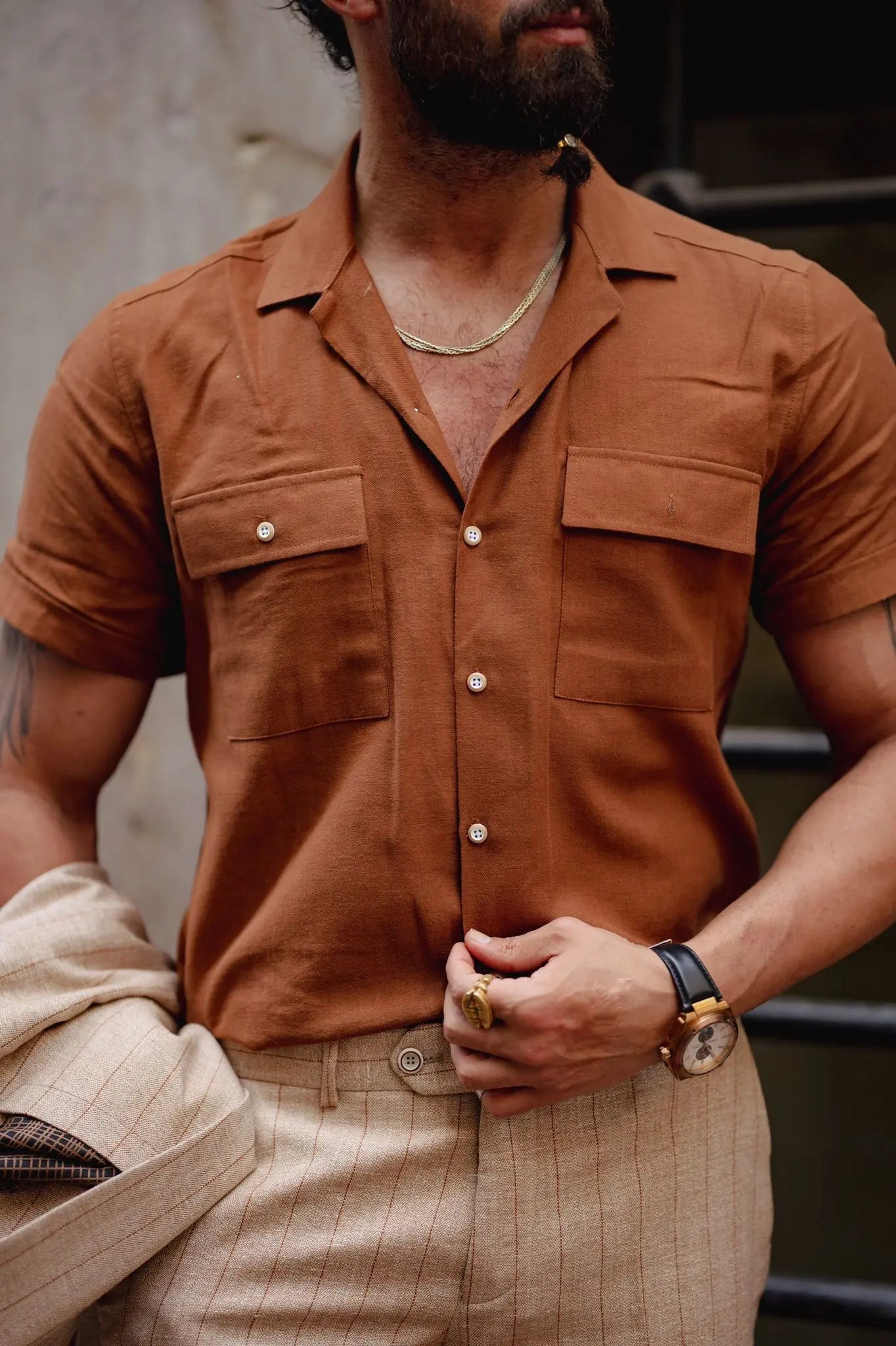 Brabion Evo Rust Brown Double Pocket Slim Fit Shirt - BRABION