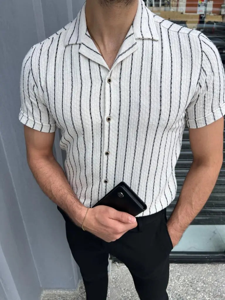 Brabion Lyon White Slim Fit Short Sleeve Striped Cotton Shirt - BRABION