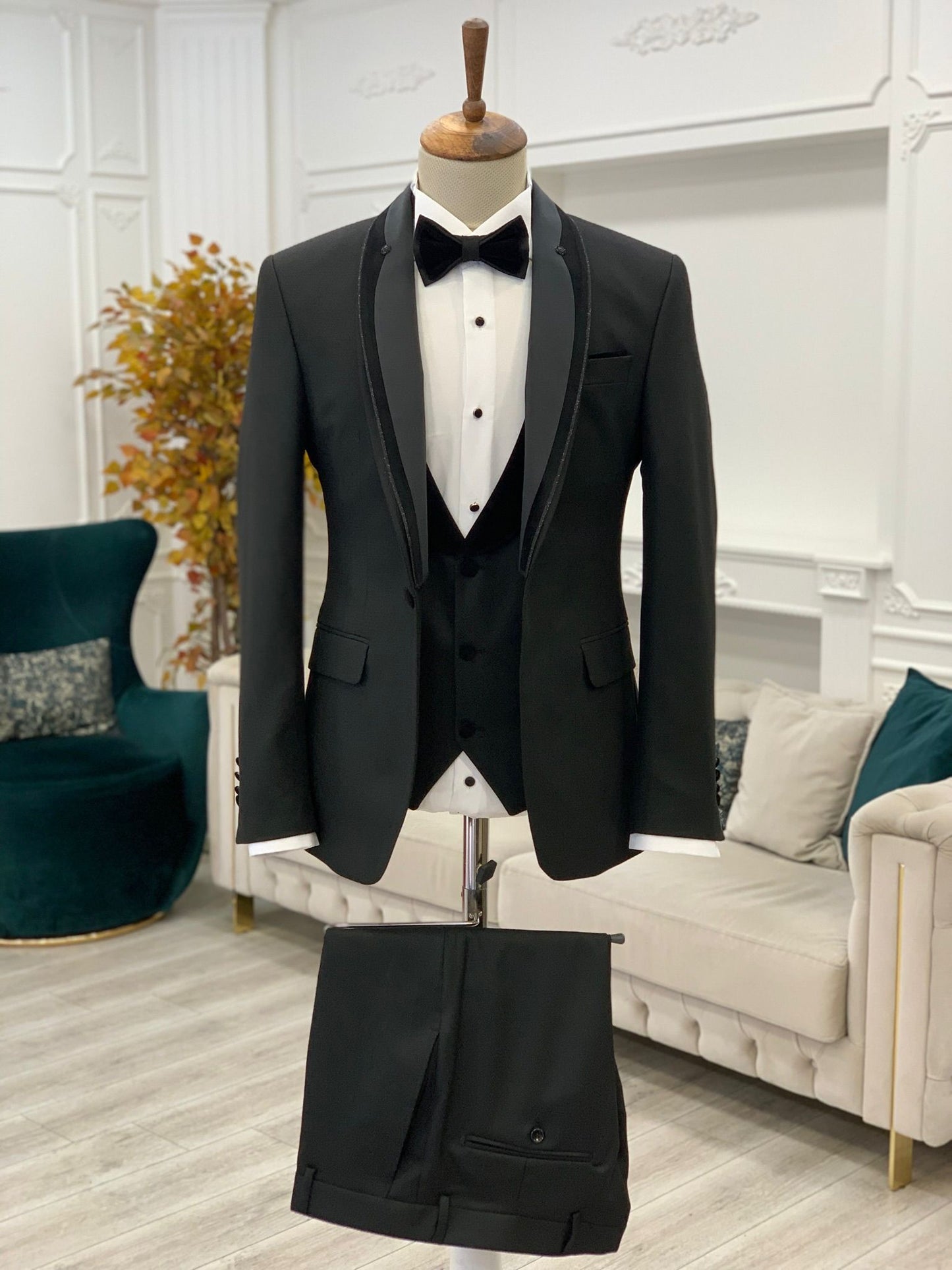 Infinite Black Slim Fit Velvet Peak Lapel Tuxedo - BRABION