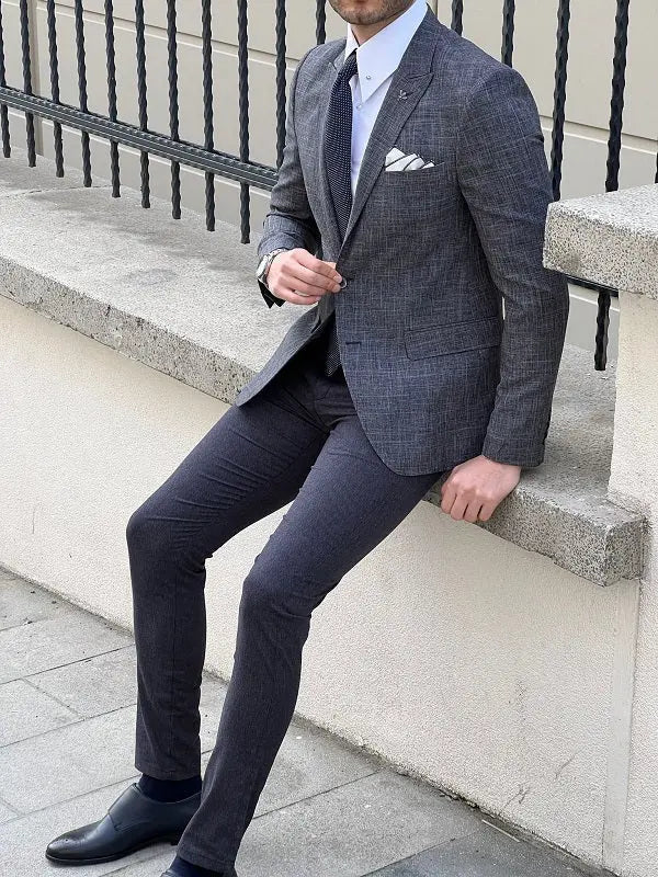 Rockford Dark Gray Slim Fit Peak Lapel Crosshatch Linen Blazer - BRABION