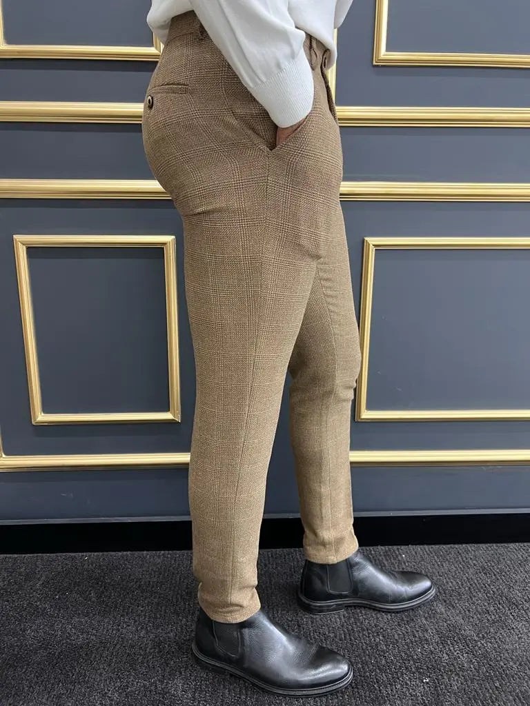 Eros Camel Slim Fit Plaid Wool Pants - BRABION