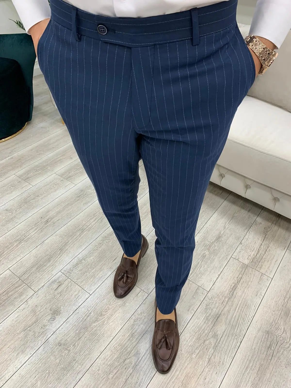 Milano Navy Blue Slim Fit Double Breasted Pinstripe Suit BOJONI