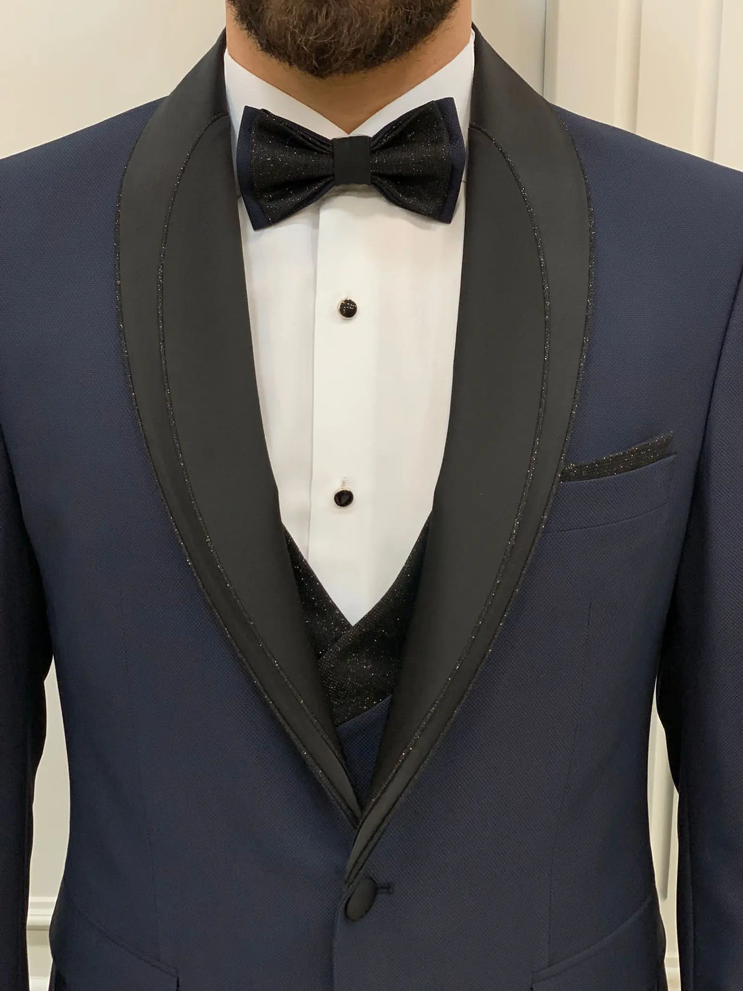 Eden Navy Blue Slim Fit Glitter Shawl Lapel Tuxedo - BRABION