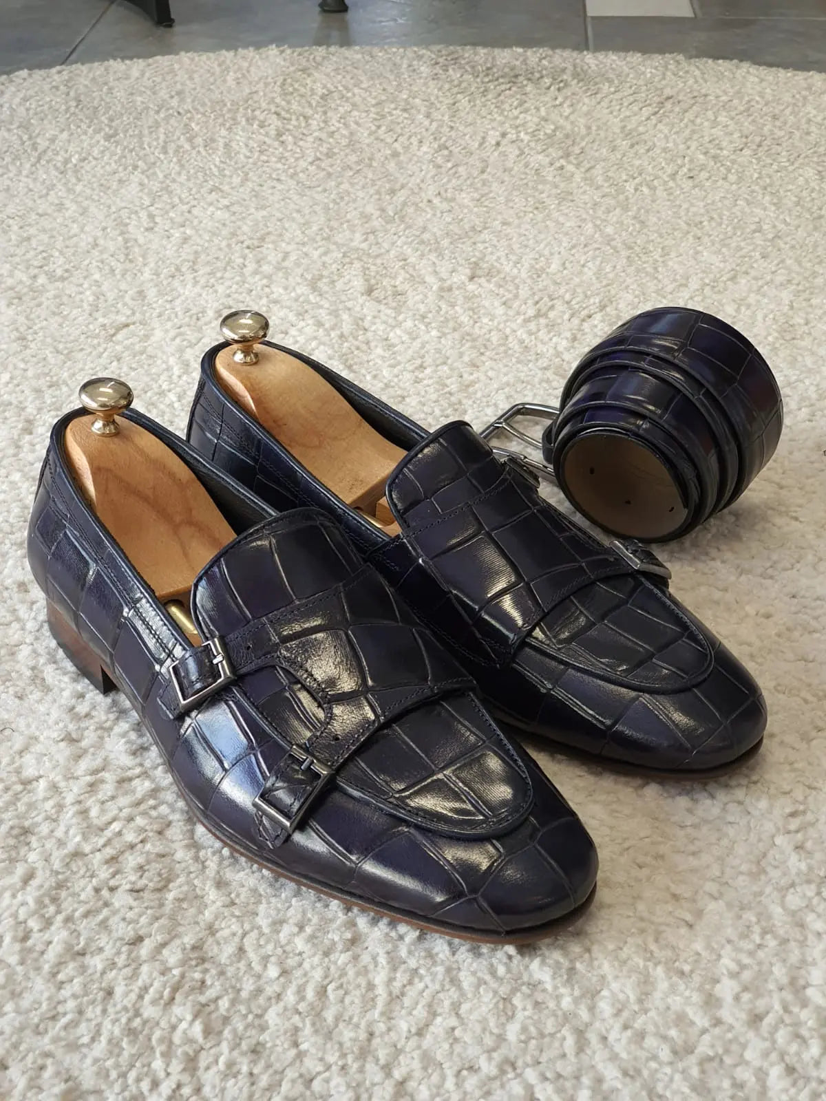 Livorno Navy Blue Double Monk Strap Loafers - BRABION