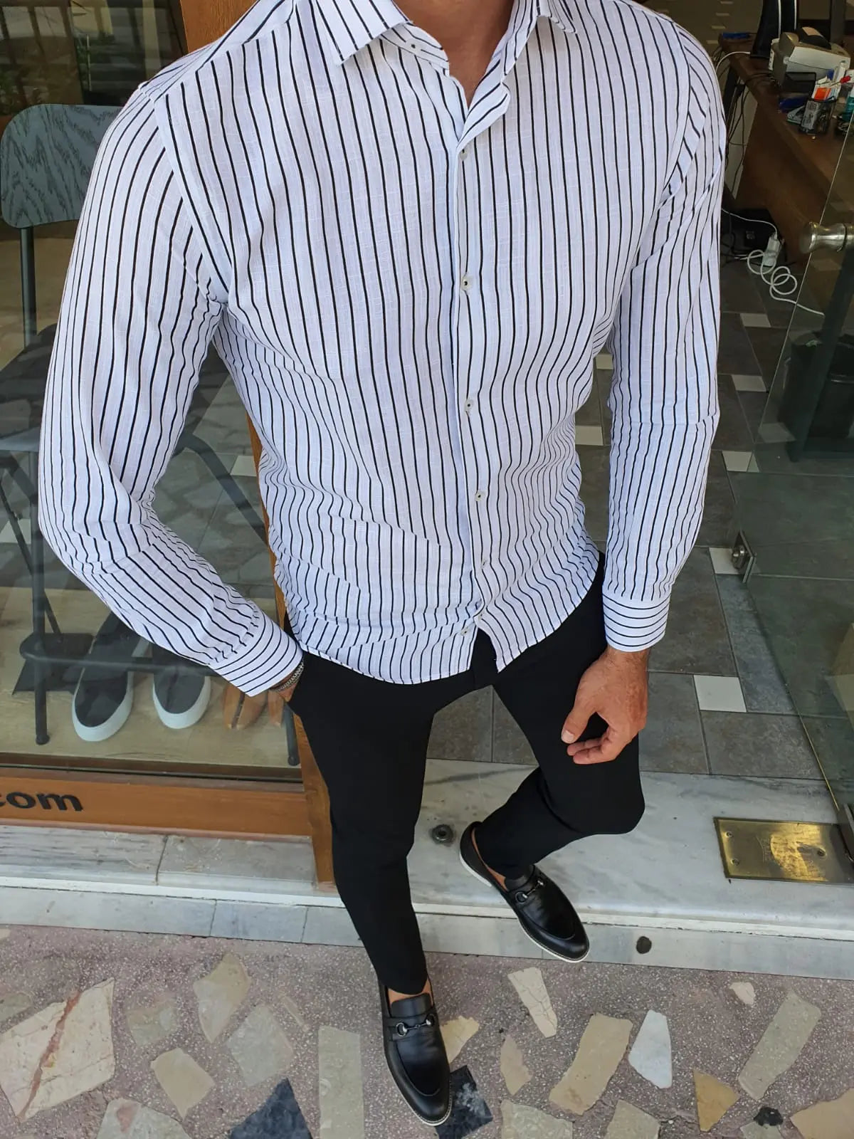 Brabion Berton Black Slim Fit Long Sleeve Striped Cotton Shirt - BRABION