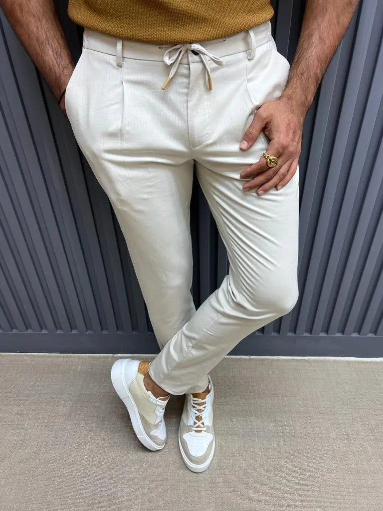 Sorento Beige Slim Fit Linen Pants - BRABION
