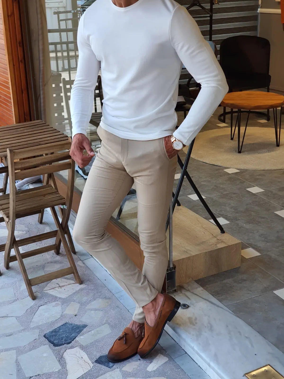Stefano White Slim Fit Round Neck Sweater - BRABION