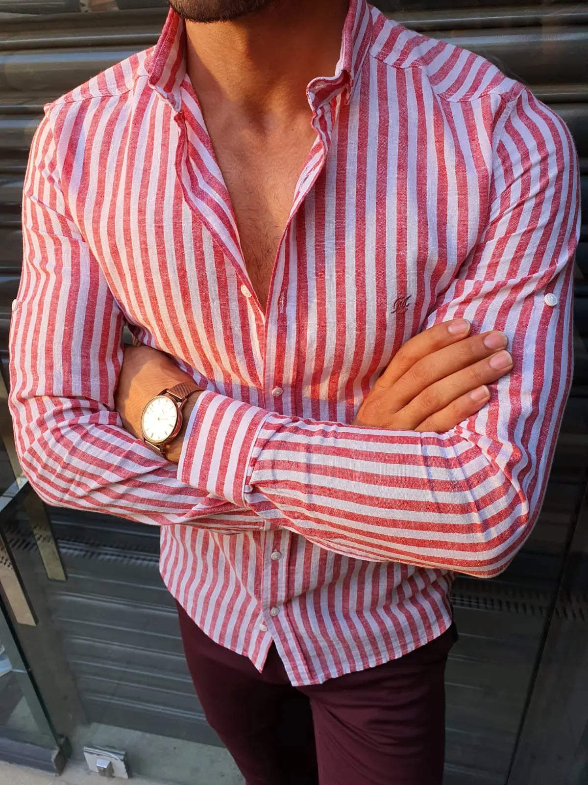 Brabion Stefano Claret Red Striped Slim-Fit Shirt - BRABION
