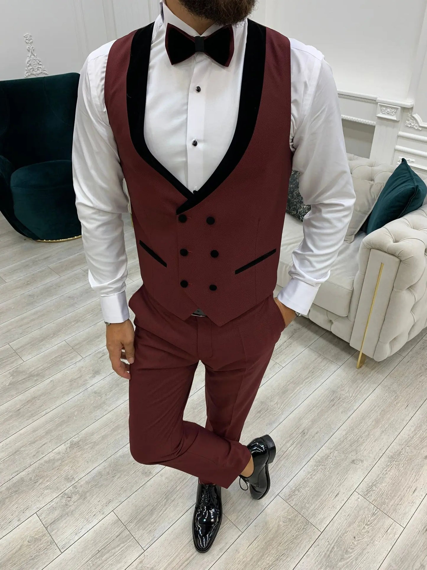 Acacia Burgundy Slim Fit Velvet Peak Lapel Tuxedo - BRABION