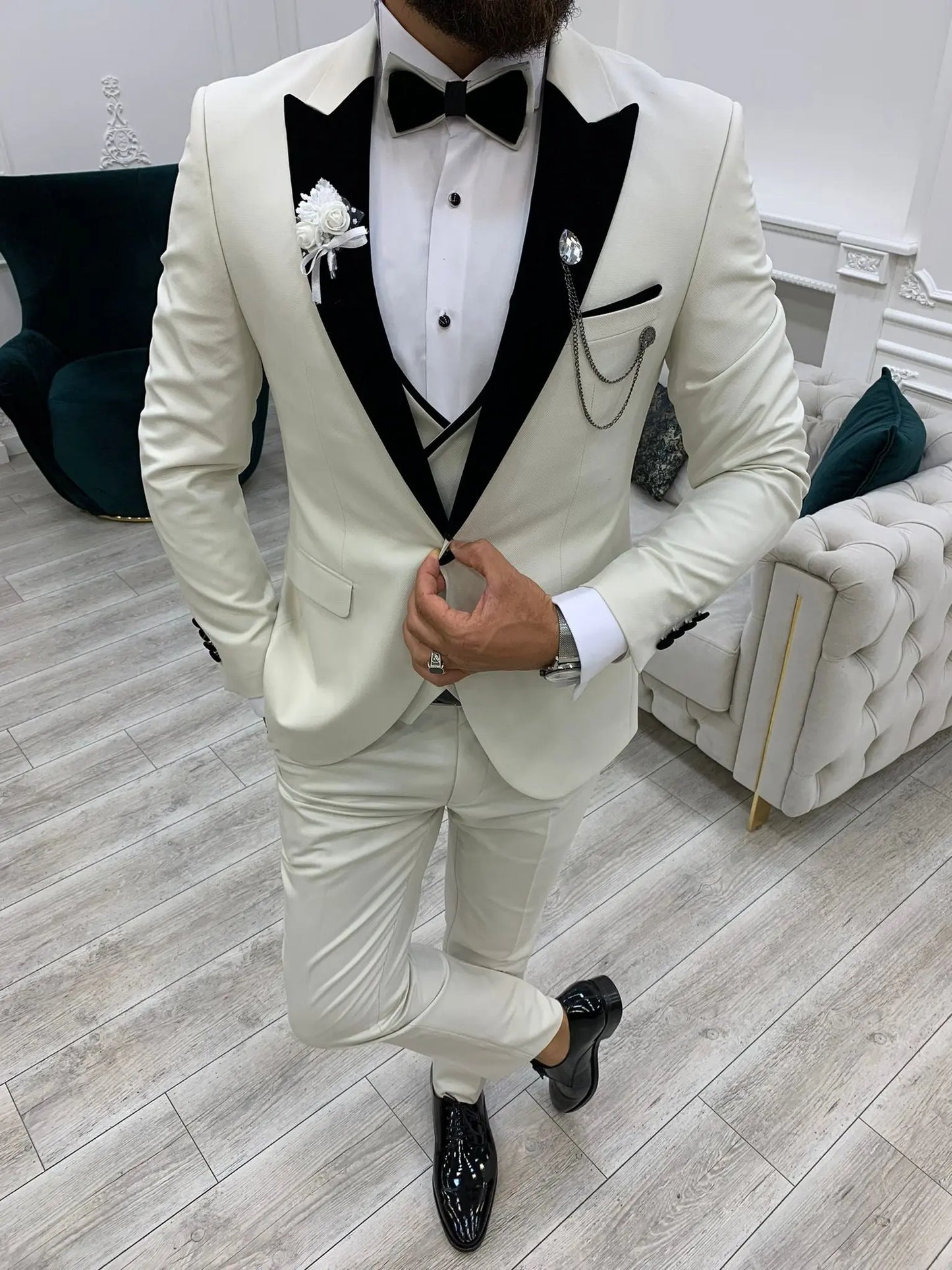 Acacia White Slim Fit Velvet Peak Lapel Tuxedo - Elevate Your Formal Wardrobe - BRABION
