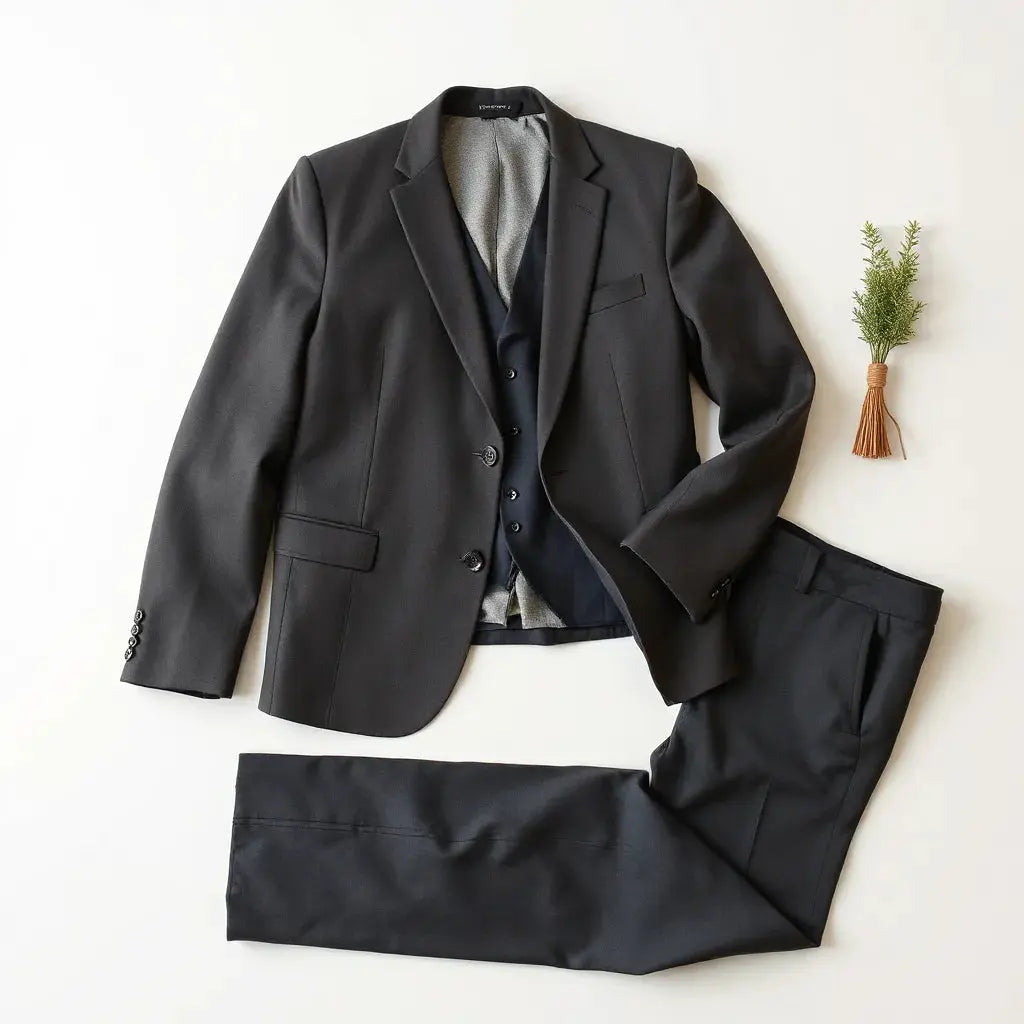 Neatly arranged tailored three-piece suit set with jacket, vest, and matching trousers on a neutral background.