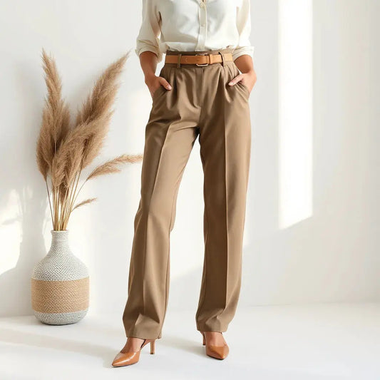 Model wearing tailored high waisted trousers with a tucked-in top in a bright studio setting
