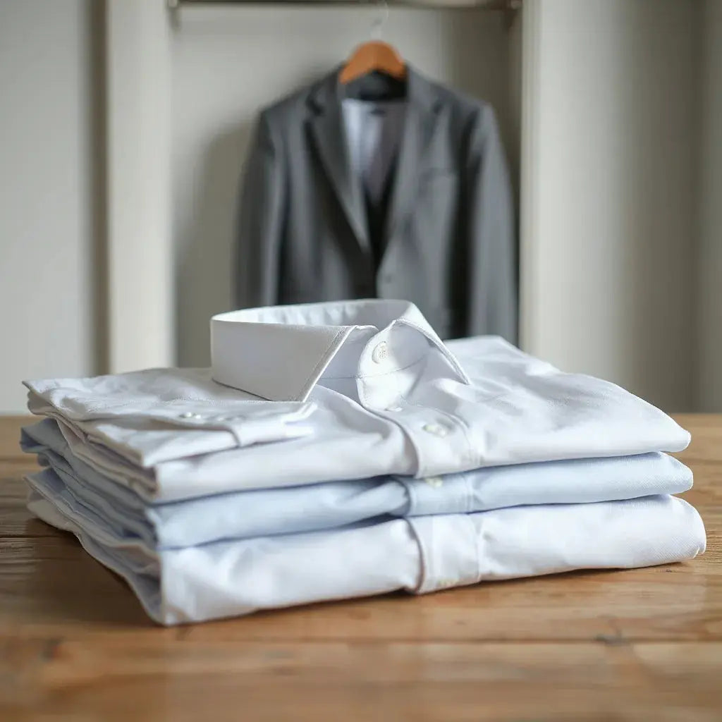 Neatly folded dress shirts with crisp collars and cuffs in neutral tones on a clean tabletop