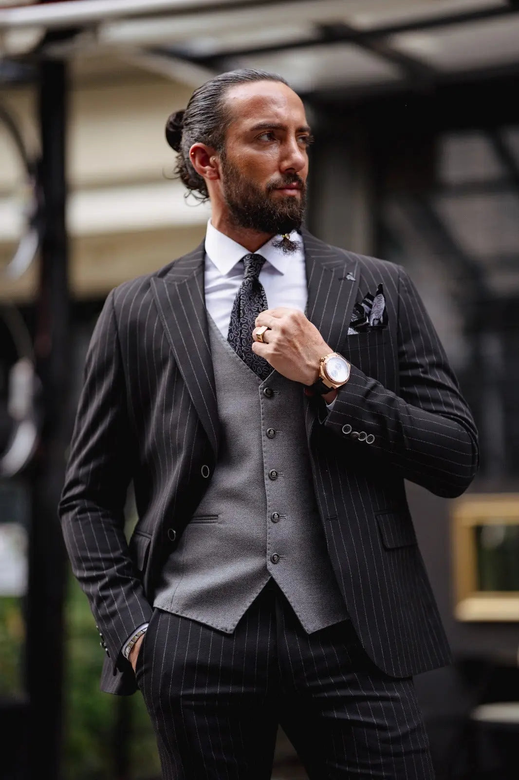 Paris Black Slim Fit Pinstripe Combination Suit brabion