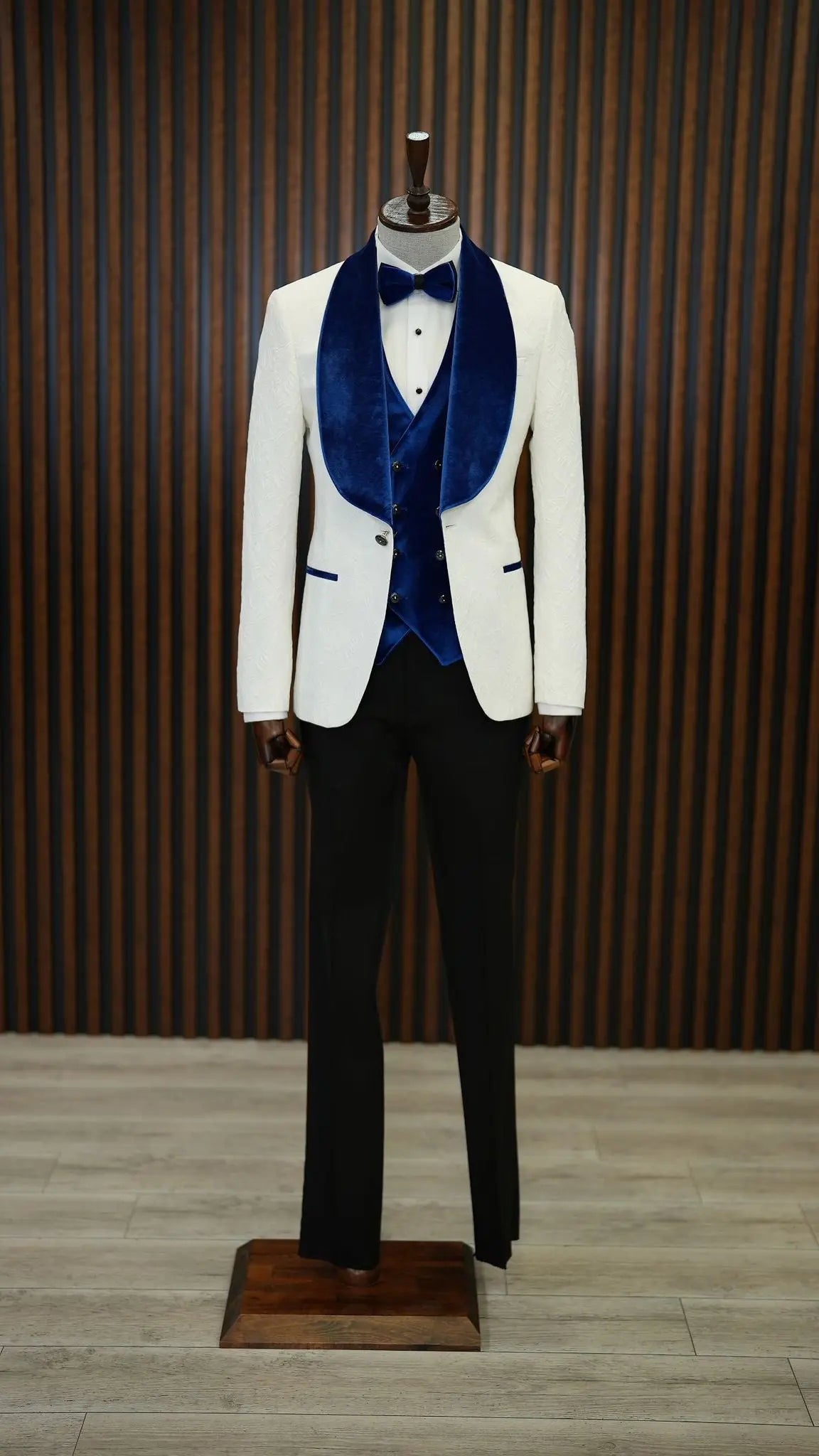 Fiore White Blue Slim Fit Velvet Shawl Lapel Tuxedo - BRABION