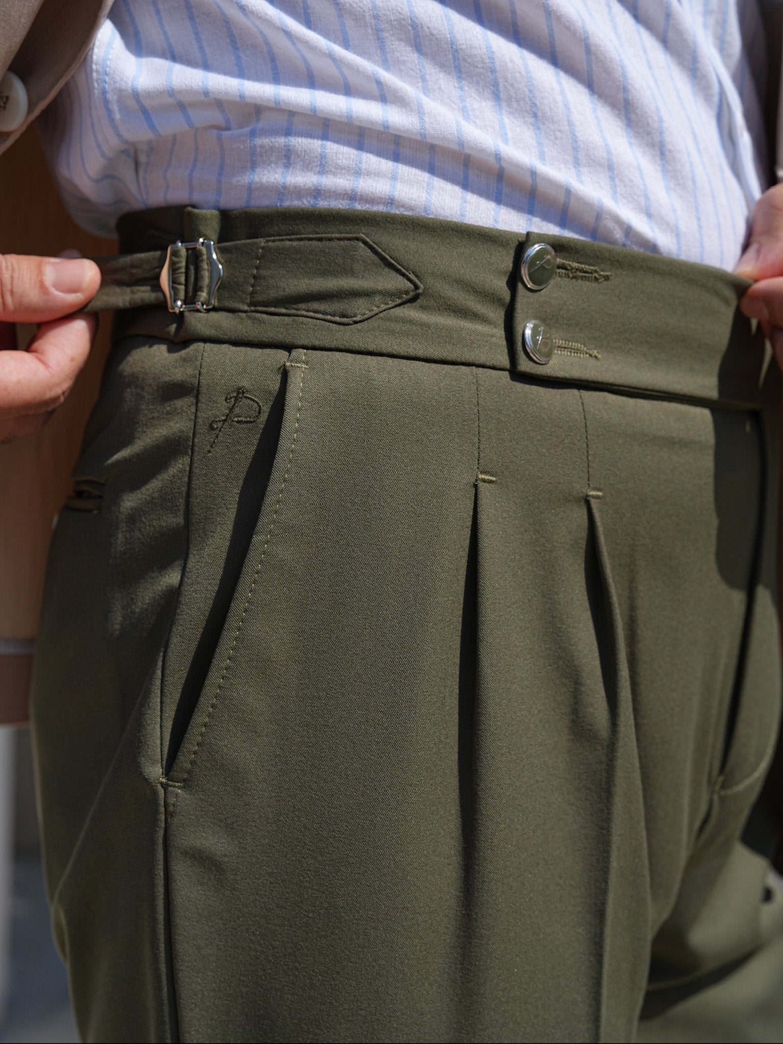 Khaki Green High Waist Pleated Buckle Pants - Regular Fit - BRABION