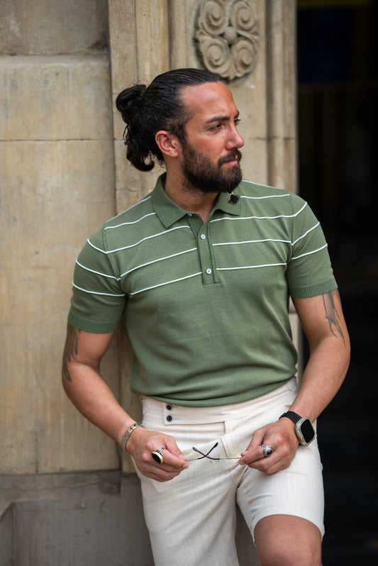 Brabion Maison Slim Fit Striped Green Polo Shirt - BRABION