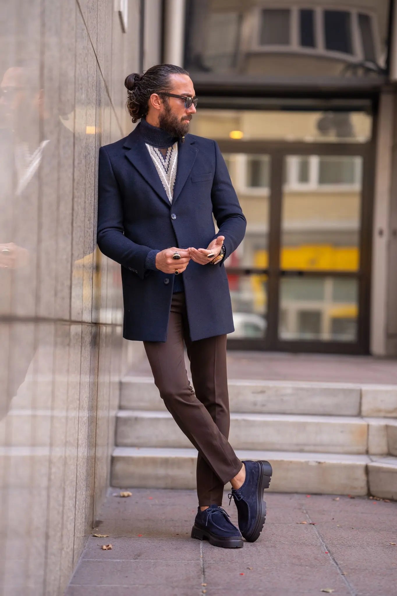 Brabion Navy Blue Slim Fit Single Breasted Long Coat - A Versatile Essential for Any Occasion - BRABION