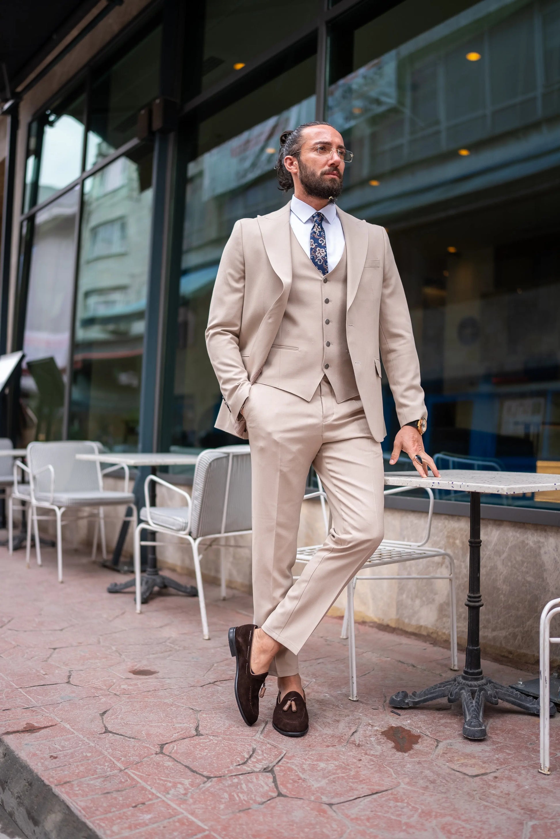 Brabion Perry Beige Slim Fit Peak Lapel 3 Piece Suit brabion