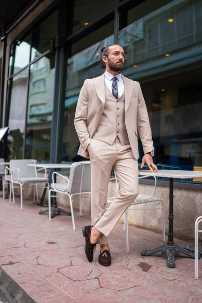 Brabion Perry Beige Slim Fit Peak Lapel 3 Piece Suit brabion