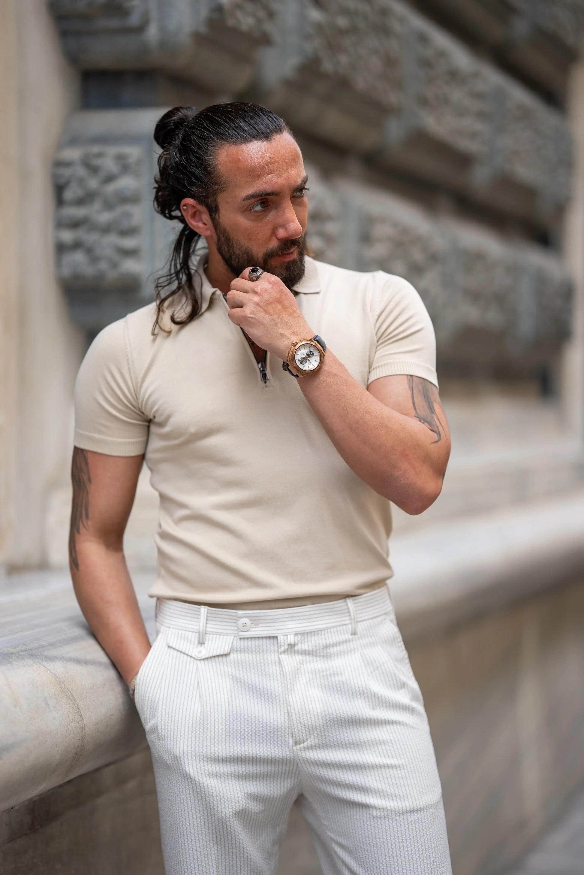 Brabion Tauris Beige Slim Fit Zippers Polo Shirt - BRABION