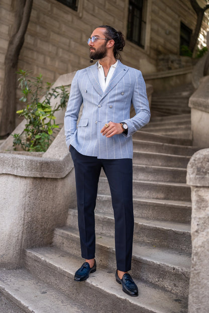 Brabion Noah Sky Blue Slim Fit Double Breasted Striped Blazer - BRABION