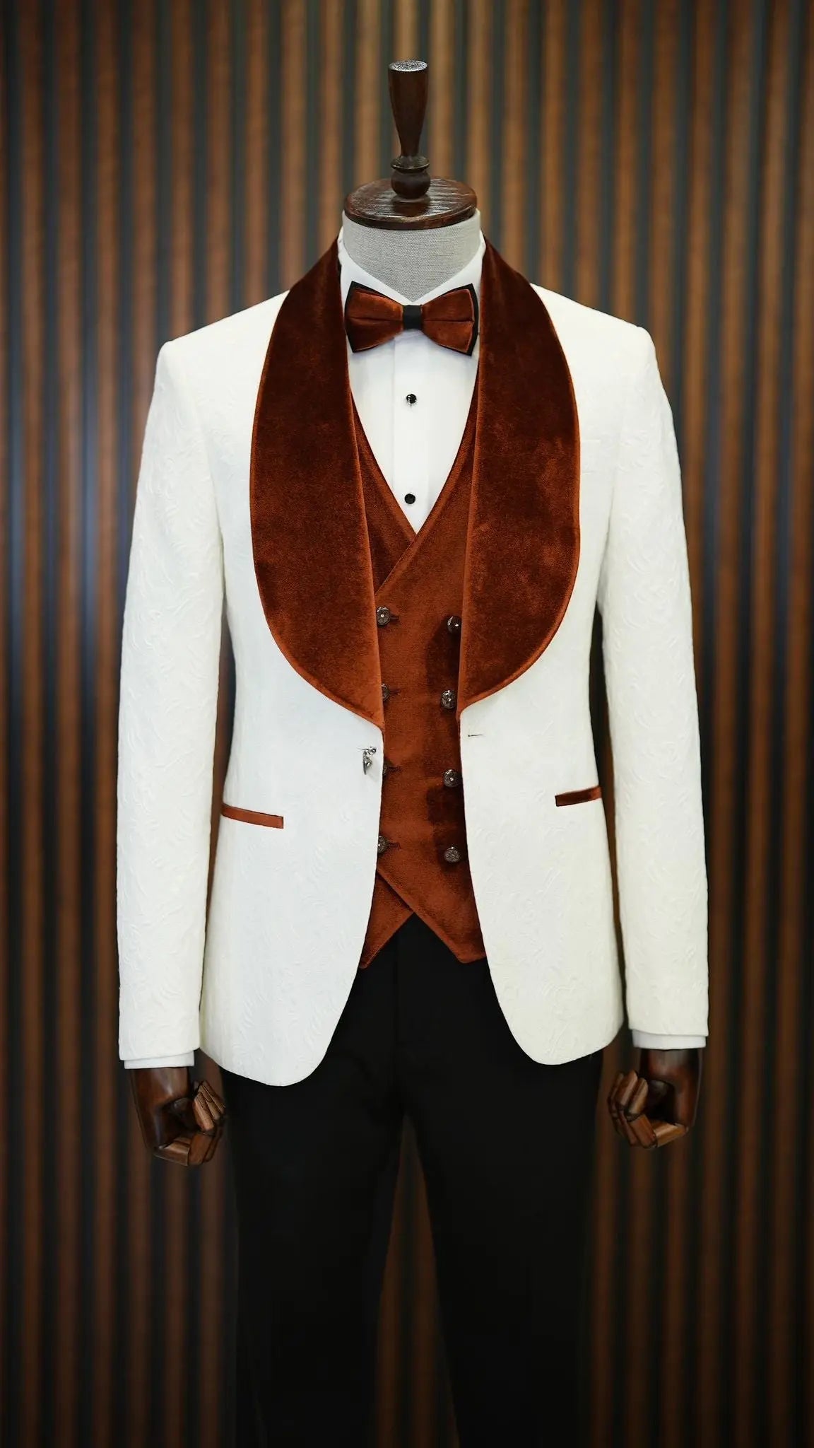 Fiore White Brown Slim Fit Velvet Shawl Lapel Tuxedo - BRABION