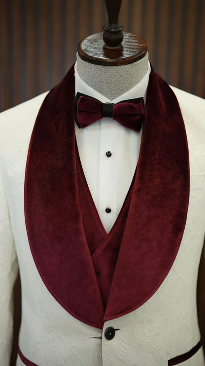 Fiore White Burgundy Slim Fit Velvet Shawl Lapel Tuxedo - BRABION