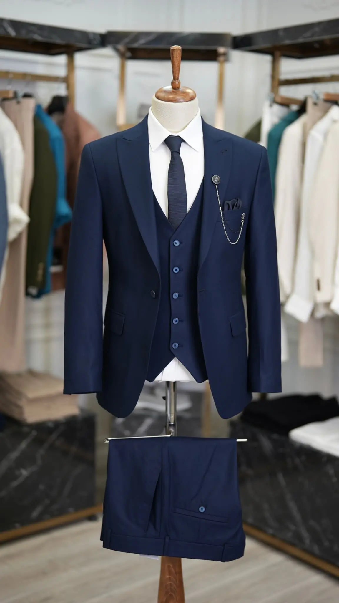 Paul Blue Slim Fit 3 Piece Peak Lapel Suit - Tailored Elegance for Every Occasion brabion