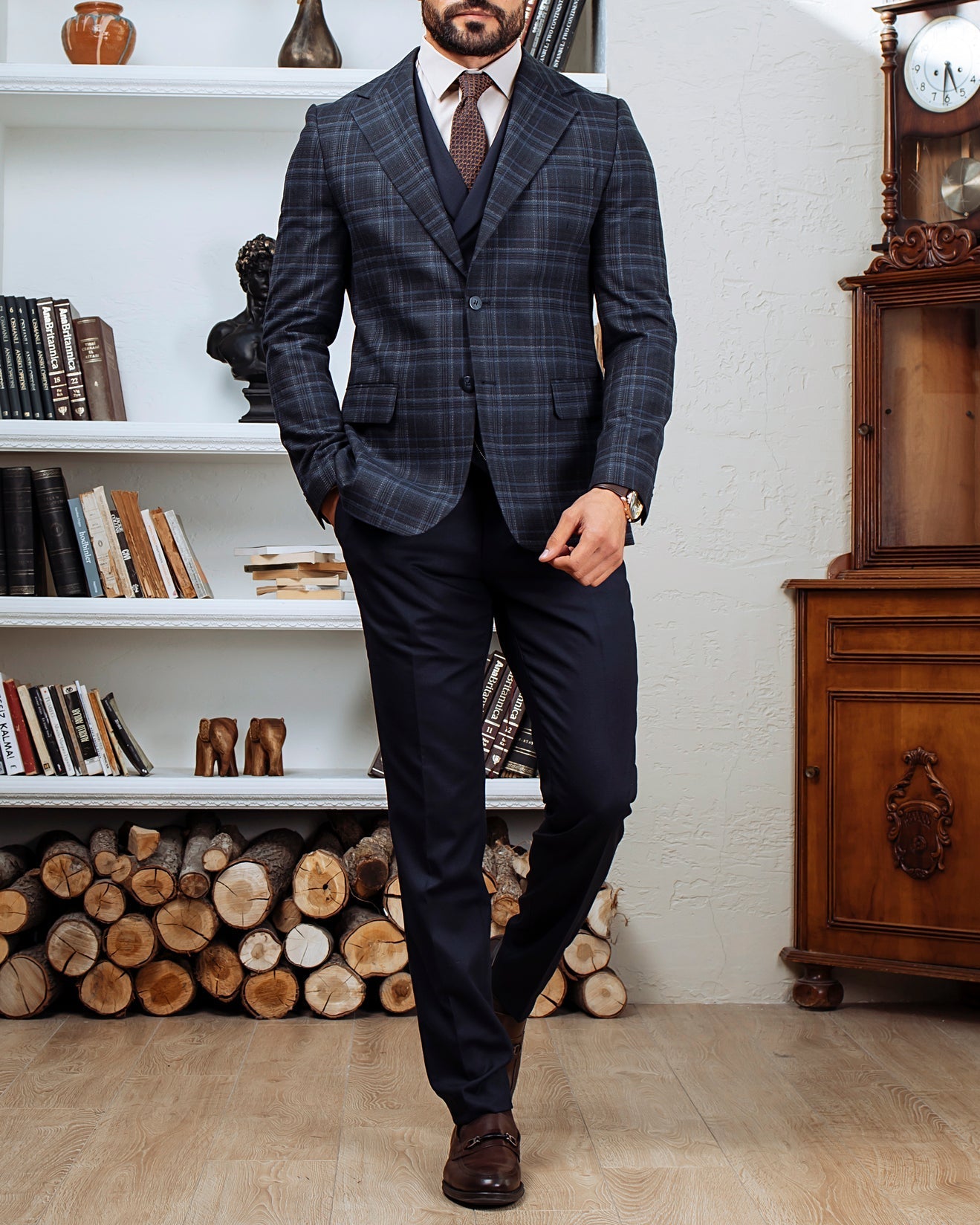 Navy Plaid Slim-Fit Suit 3-Piece VIOSSI