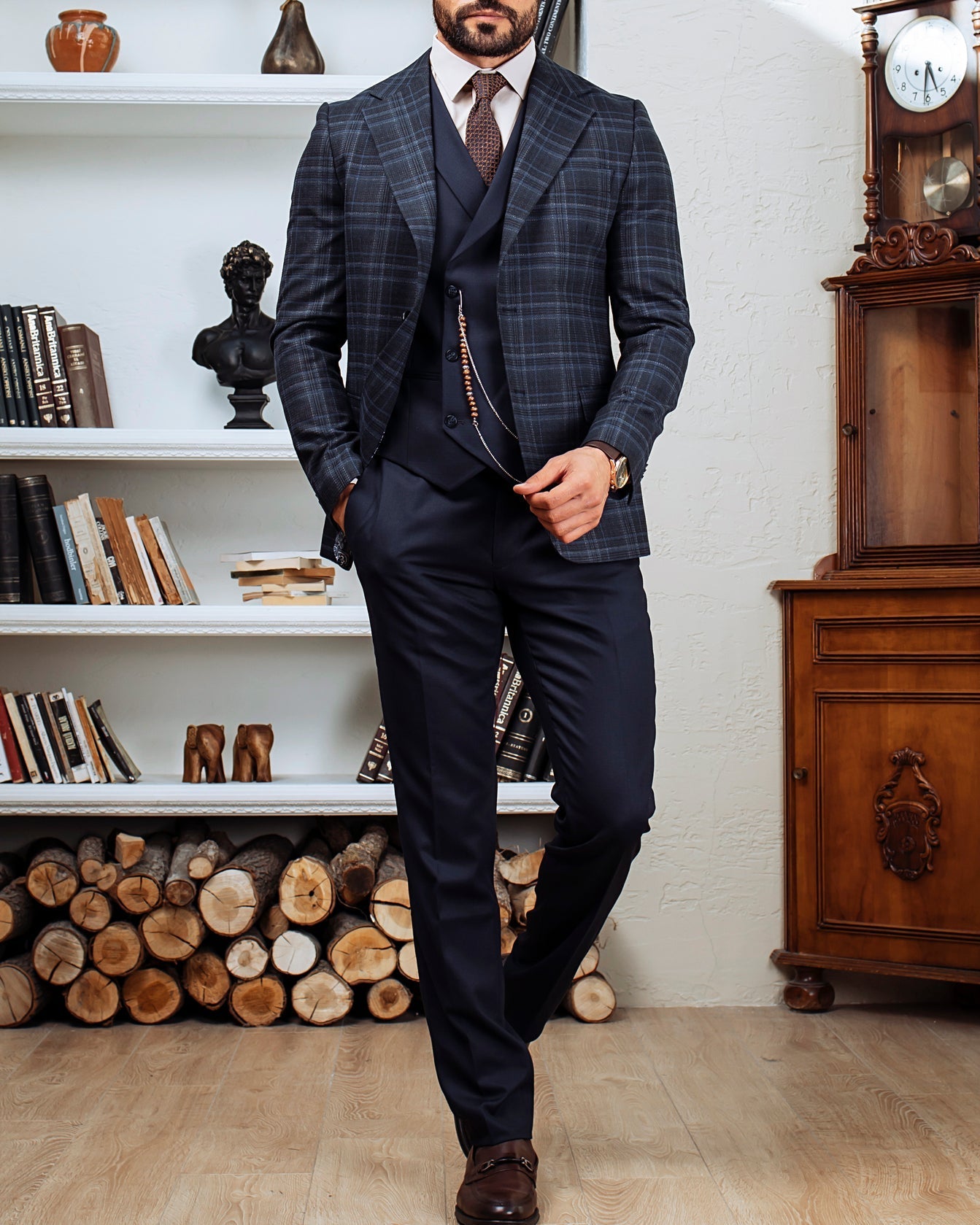 Navy Plaid Slim-Fit Suit 3-Piece VIOSSI