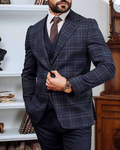 Navy Plaid Slim-Fit Suit 3-Piece VIOSSI
