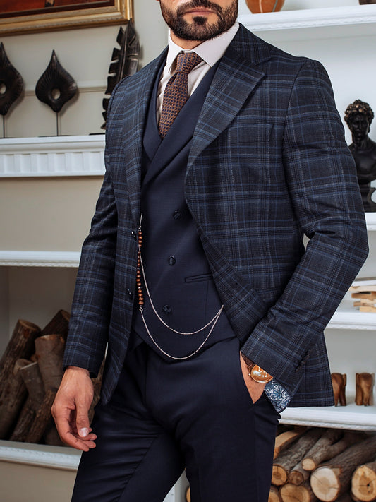 Navy Plaid Slim-Fit Suit 3-Piece VIOSSI