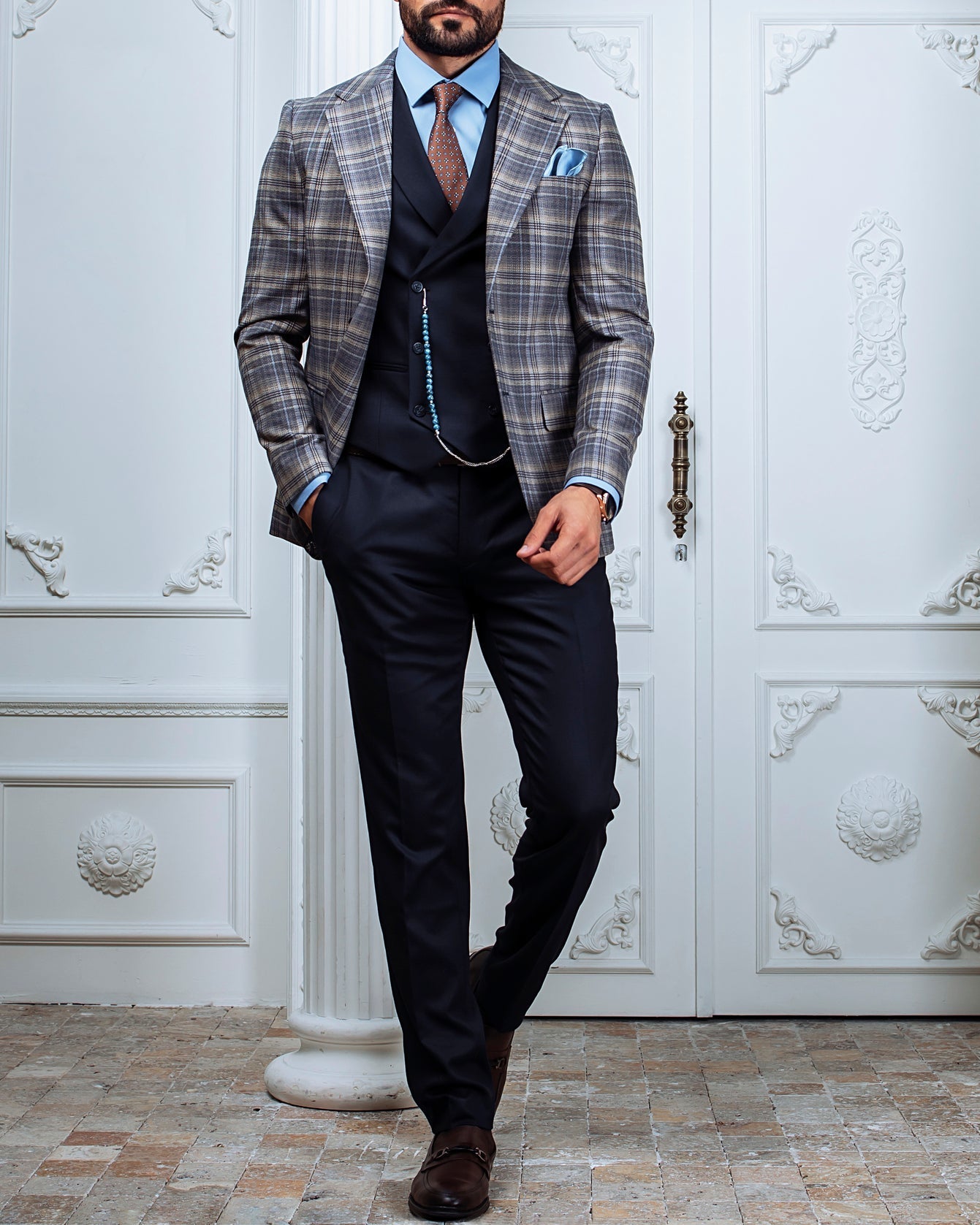 Grey Plaid Slim-Fit Suit 3-Piece VIOSSI