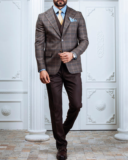 Brown Plaid Slim-Fit Suit 3-Piece VIOSSI