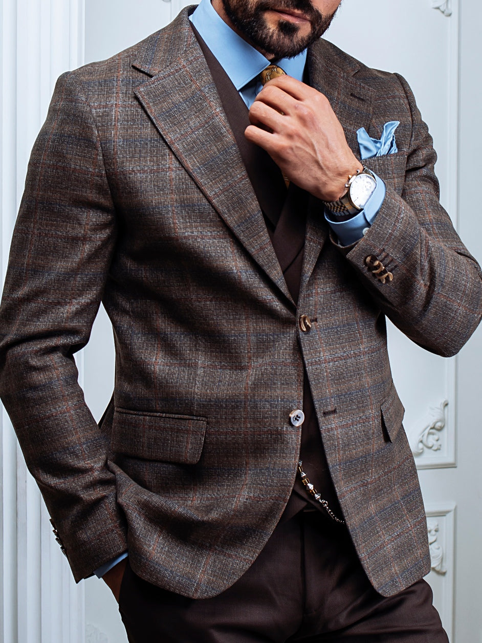 Brown Plaid Slim-Fit Suit 3-Piece VIOSSI
